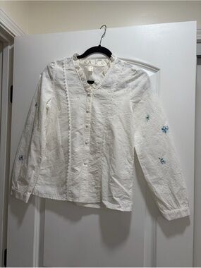 Inman White Cotton Embroidered Blouse Lace Trim V-Neck Cottagecore.